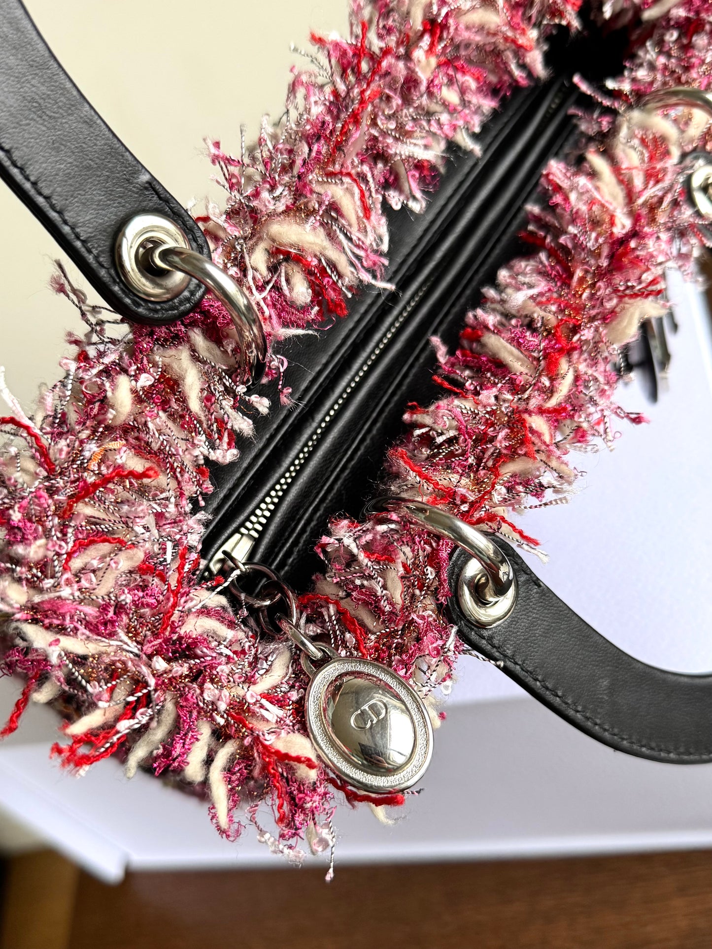 Pre-owned Dior Lady Dior Medium Black Pink Tweed Bag