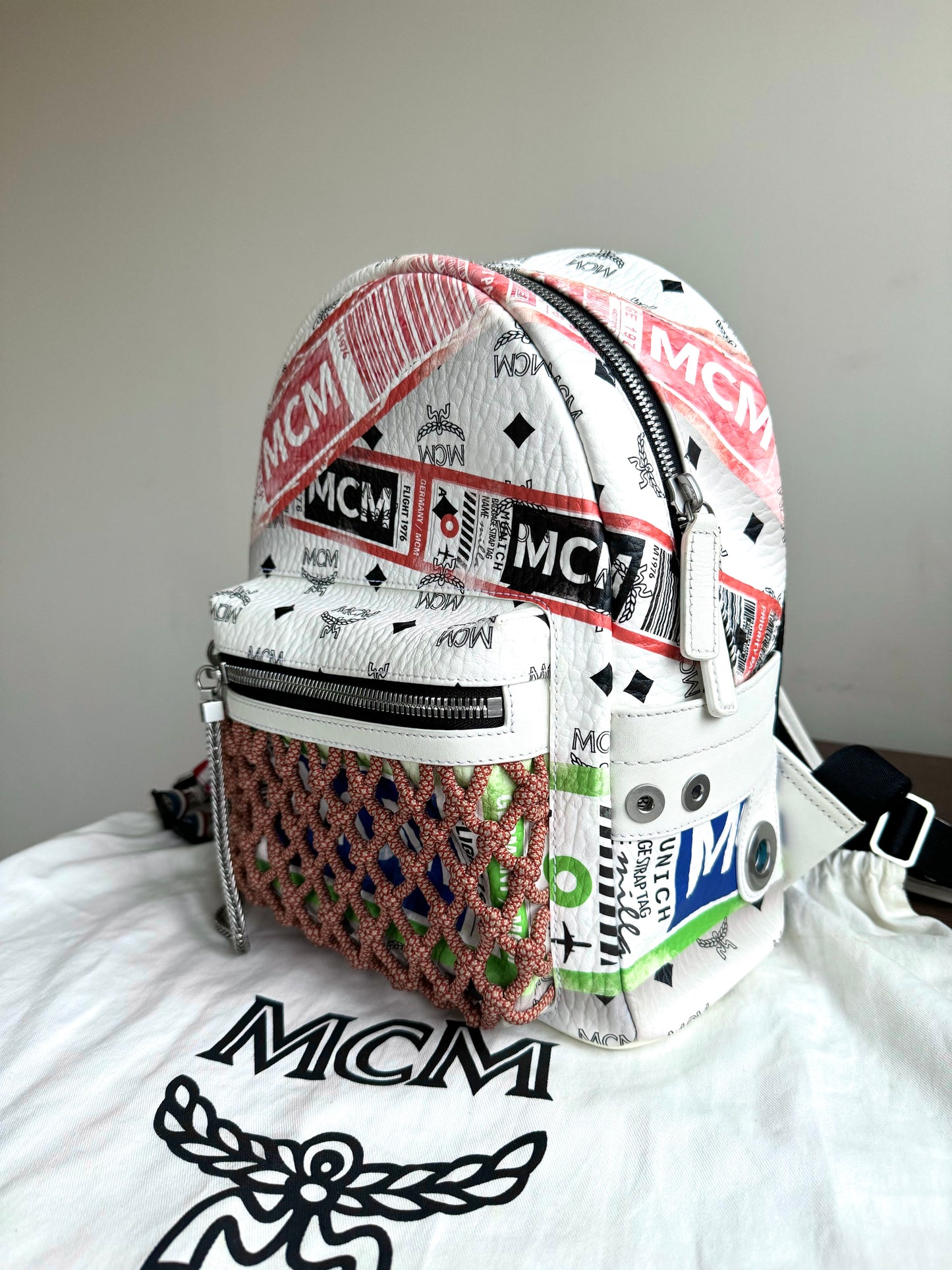 Pre-owned MCM Stark Small White In Flight Print Visetos Backpack