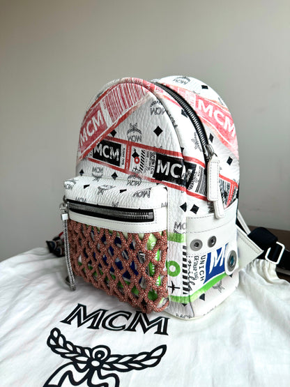 Pre-owned MCM Stark Small White In Flight Print Visetos Backpack