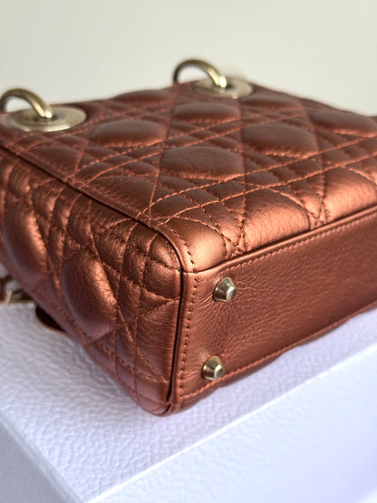 Pre-owned Dior Lady Dior Mini Bronze Lambskin Cannage Bag