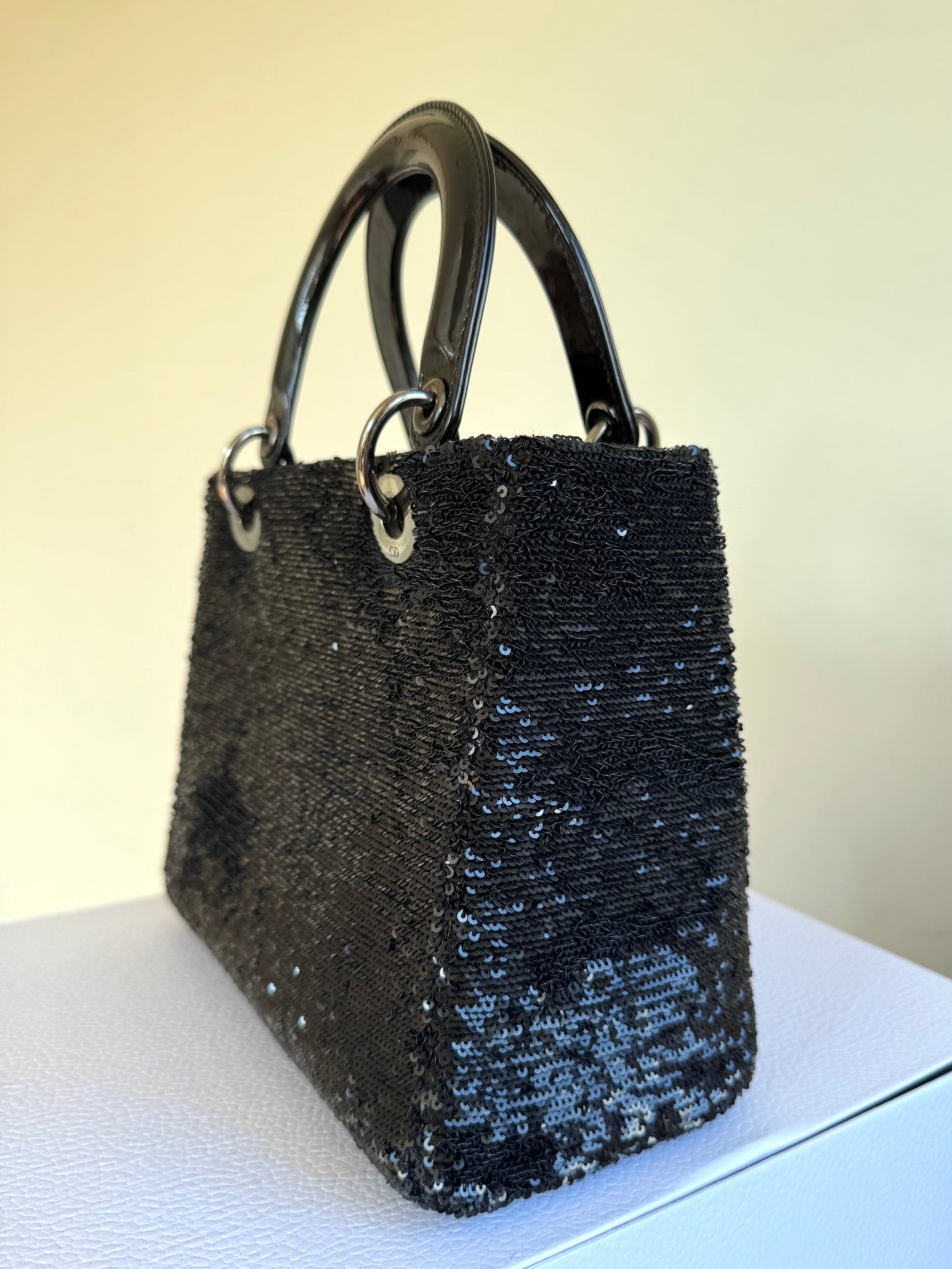 Pre-owned Dior Lady Dior Medium Black Sequin Patent Leather Bag