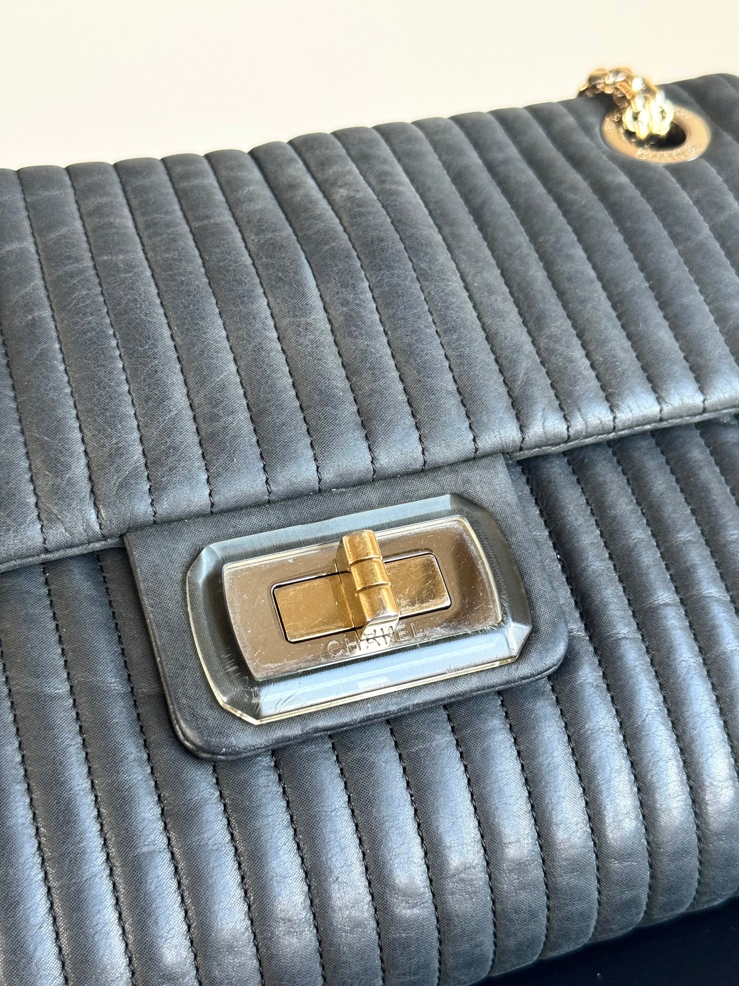 Pre-owned Chanel 2.55 Vertical Dark Grey Iridescent Leather Flap Bag