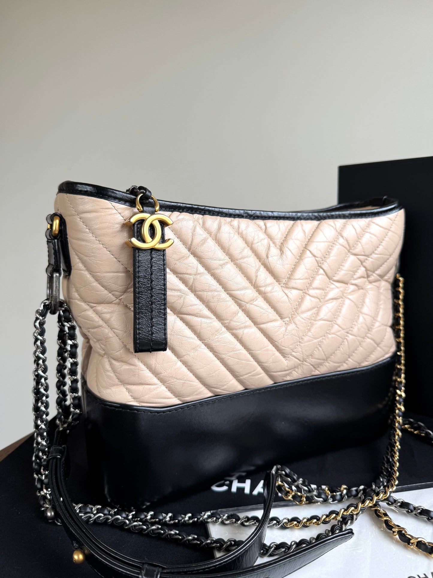 Pre-owned Chanel Gabrielle Medium V-Stitch Beige Black Leather Hobo Bag