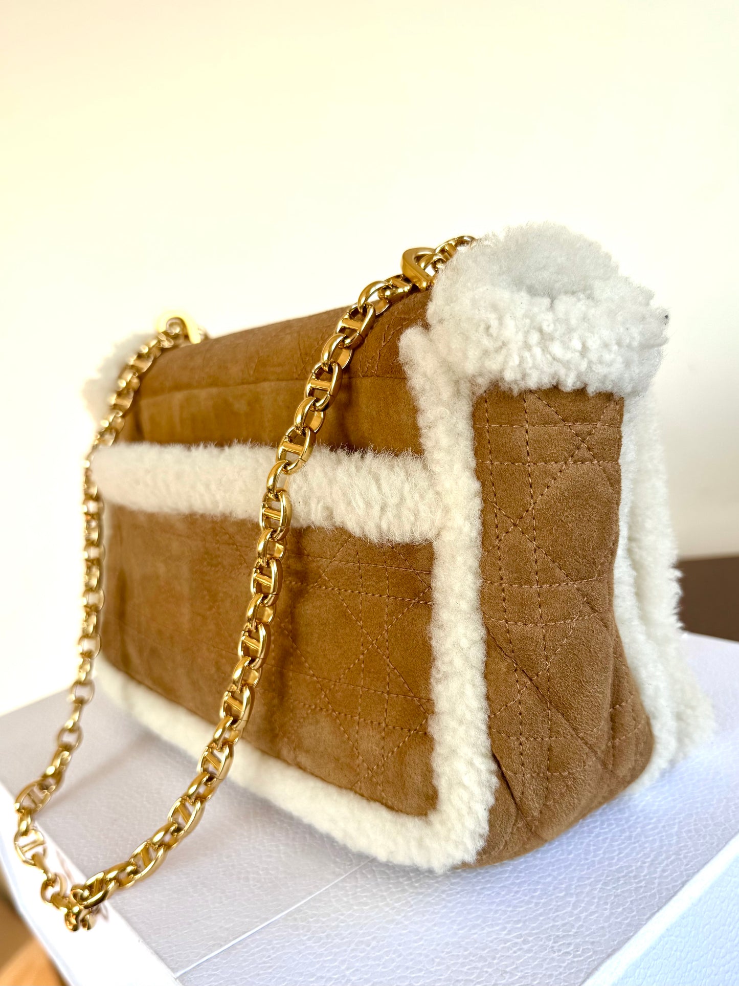 Pre-owned Dior Caro Large Camel Shearling Cannage Flap Bag