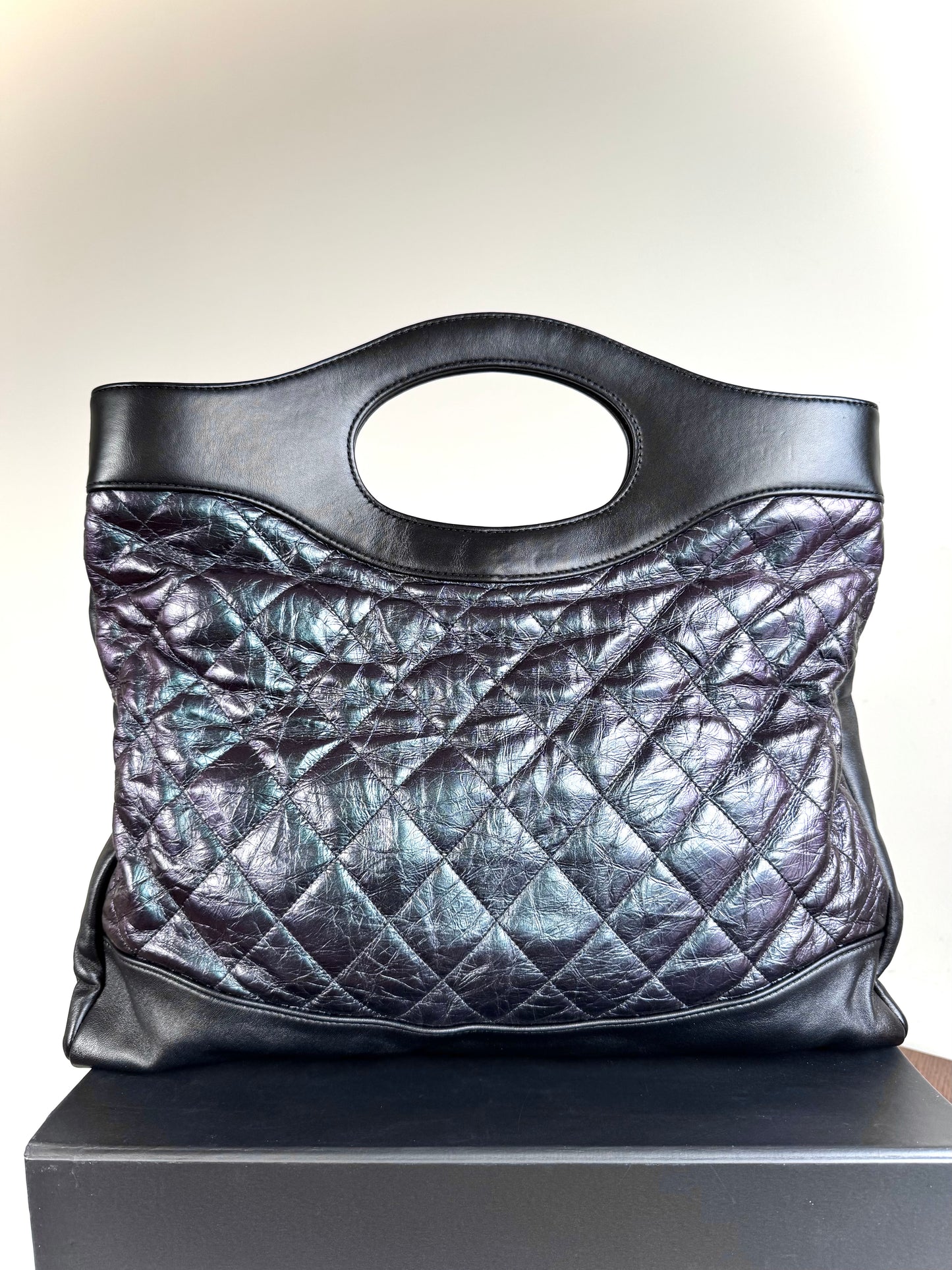 Pre-owned Chanel 31bag Large Black Purple Waxed Leather Tote Bag