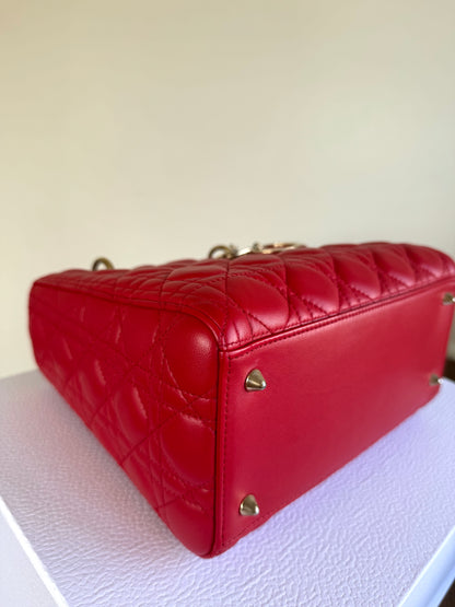 Pre-owned Dior Lady Dior Medium Red Lambskin Bag