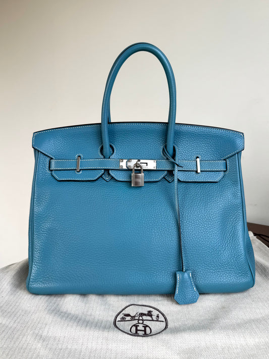Pre-owned Hermès Birkin 35 Blue Togo Leather Bag
