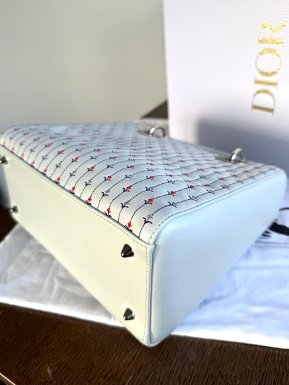 Pre-owned Dior Lady Dior Medium Baby Blue Embroidered Flower Calfskin Bag
