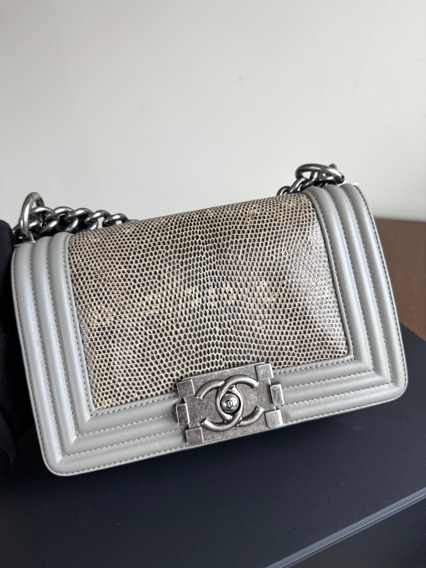 Pre-owned Chanel Boy Small Grey Lizard Leather Flap Bag