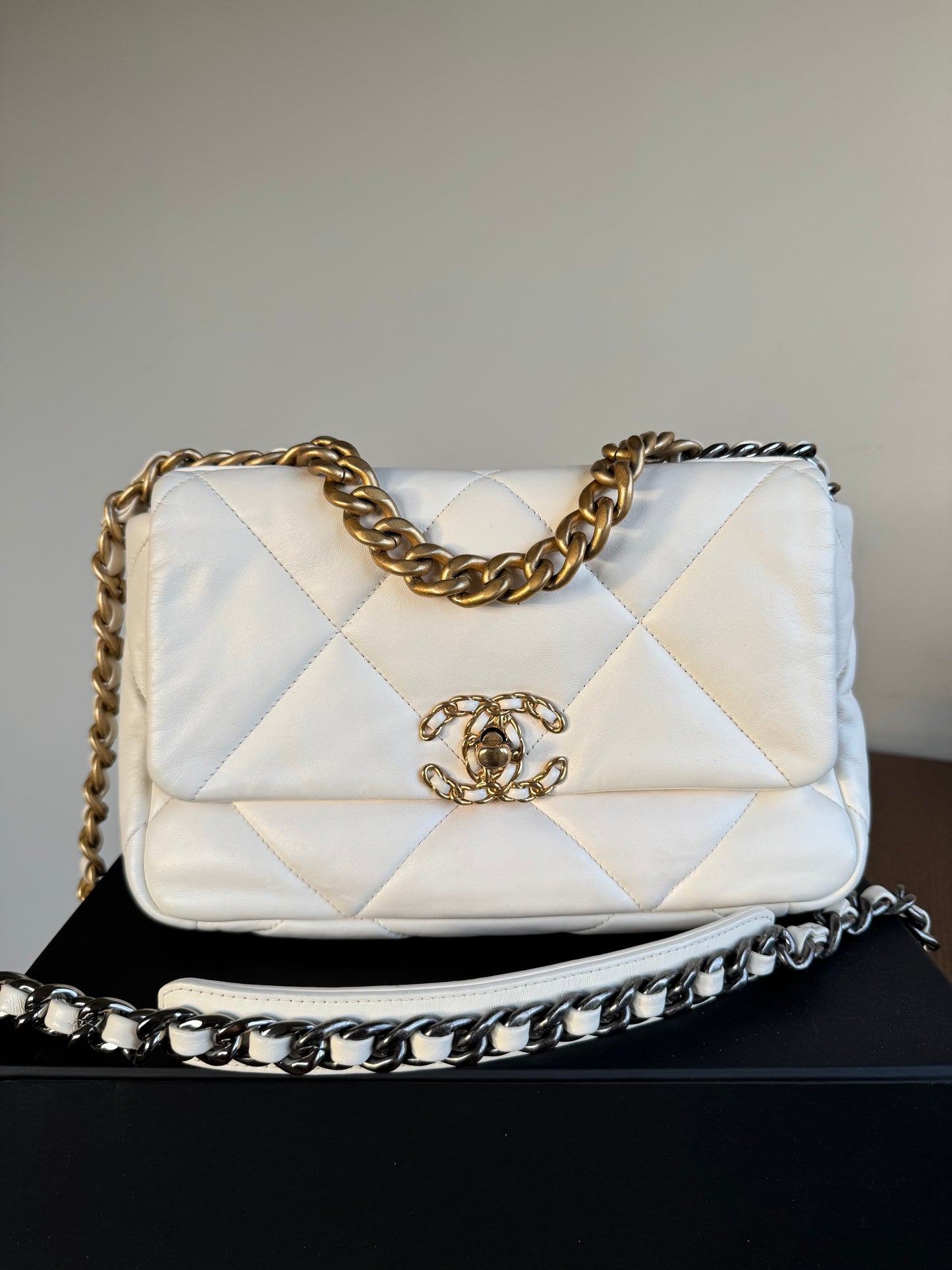 Pre-owned Chanel 19 Small White Lambskin Flap Bag