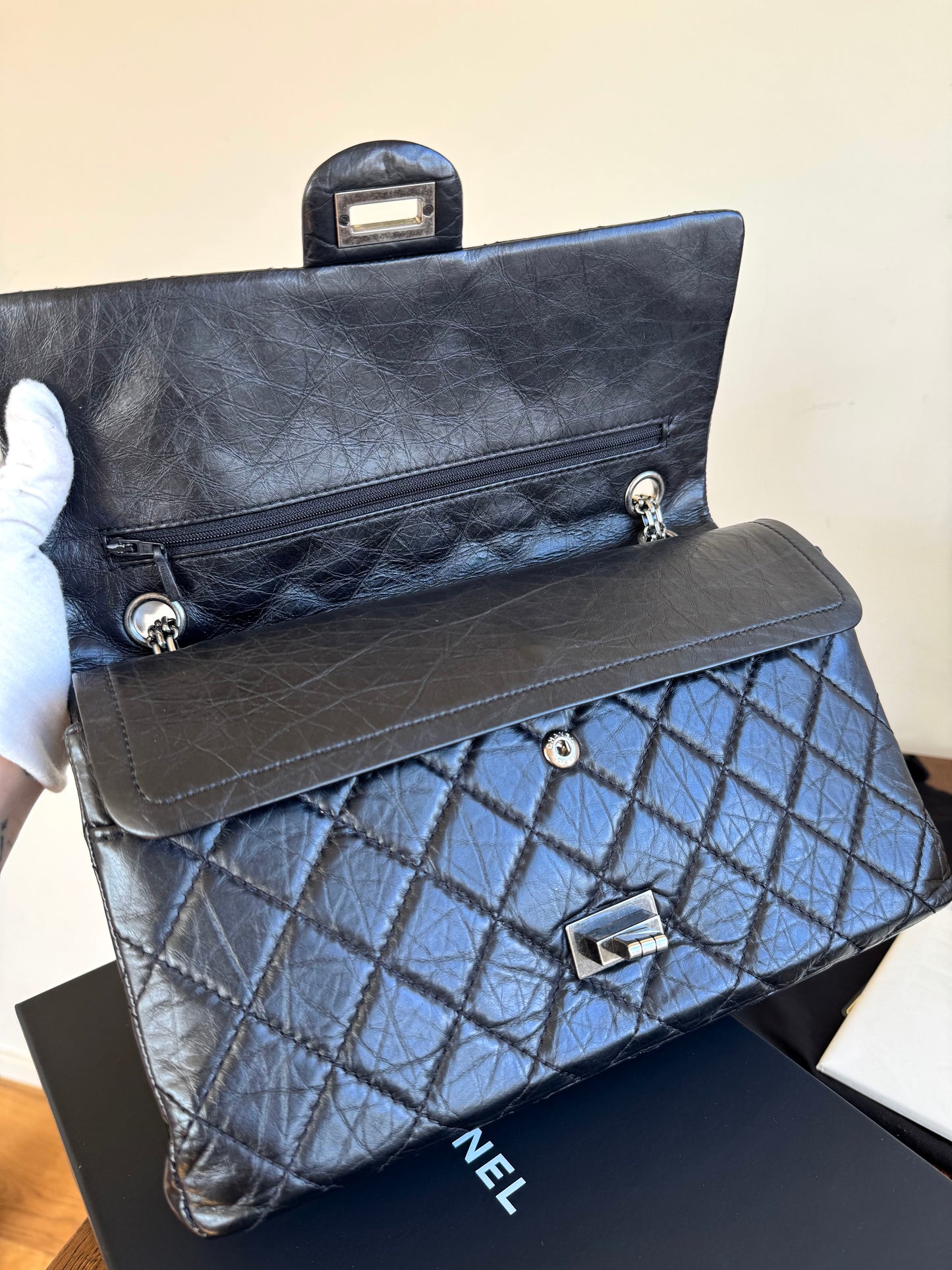 Pre-owned Chanel 2.55 Reissue Large 226 Black Calfskin Flap Bag