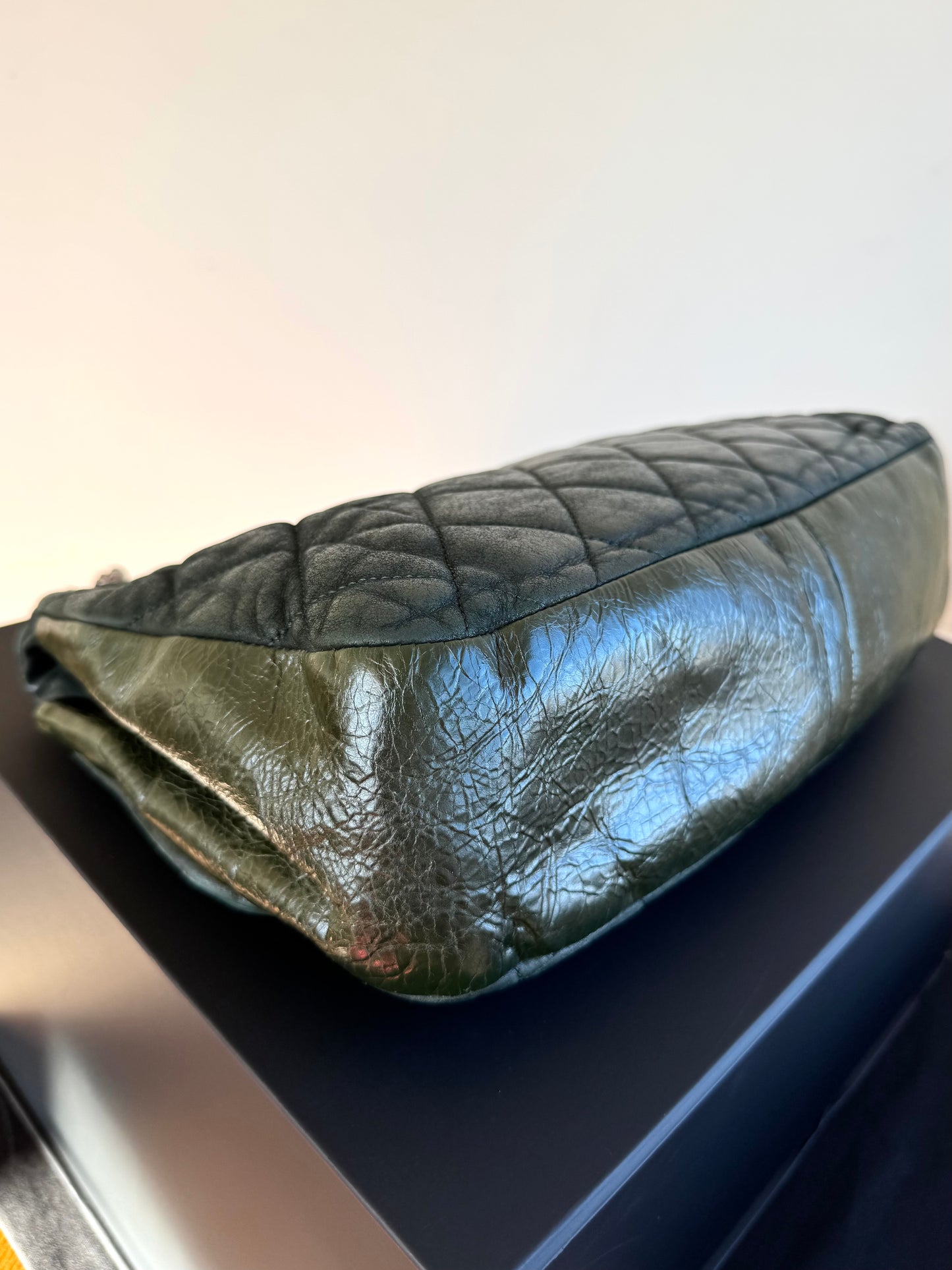 Pre-owned Chanel In The Mix Jumbo Dark Green Iridescent Leather Flap Bag