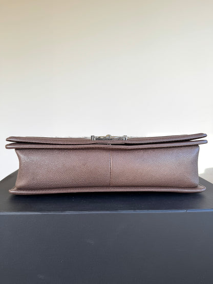 Pre-owned Chanel Boy Maxi Brown Tweed Leather Flap Bag