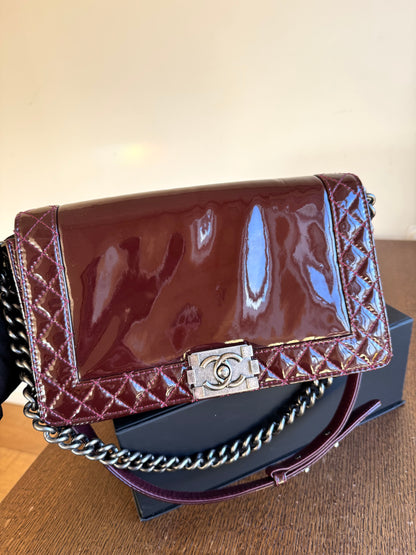 Pre-owned Chanel Boy Medium Burgundy Patent Leather Flap Bag