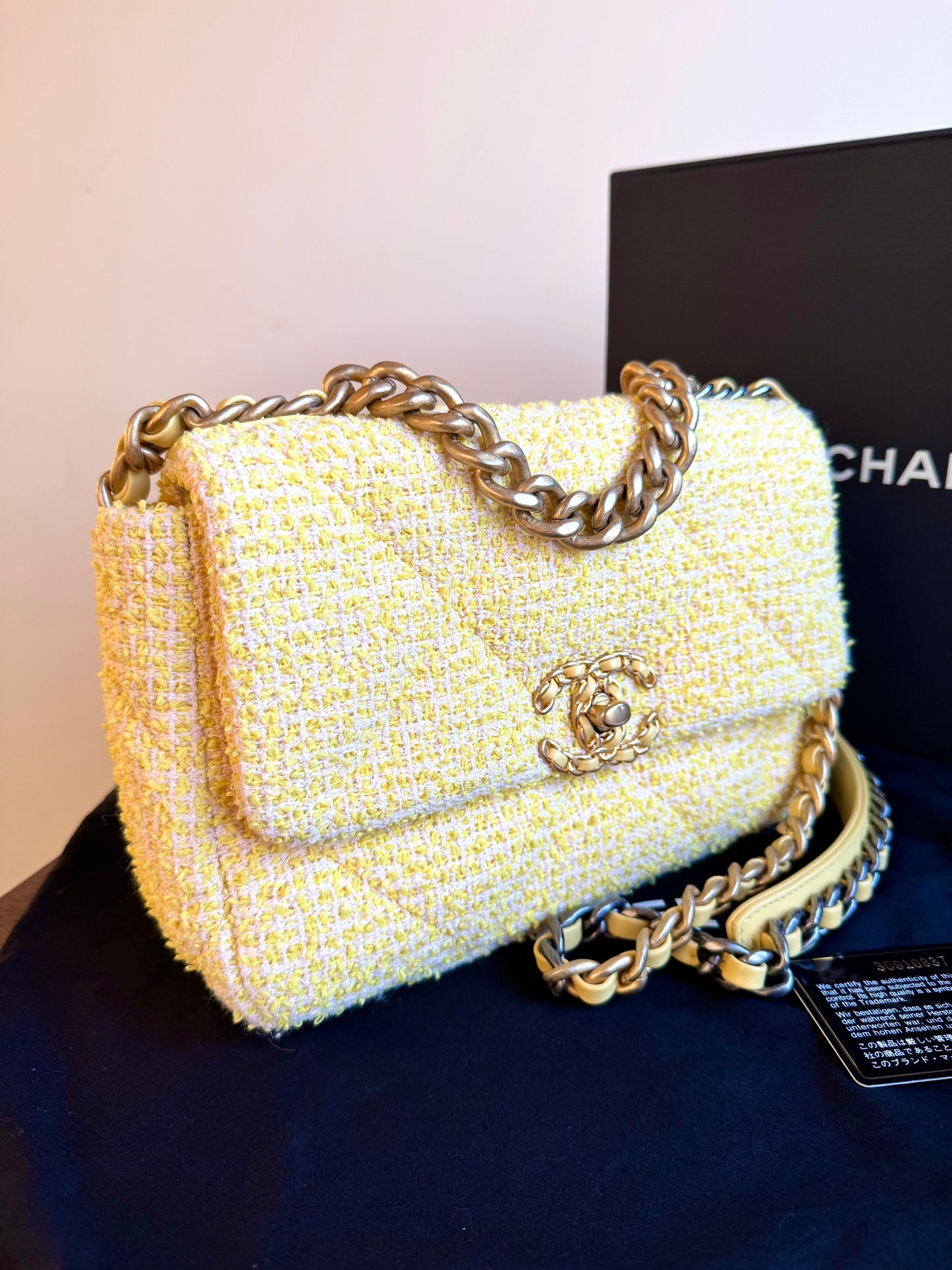 Pre-owned Chanel 19 Small Yellow Tweed Flap Bag