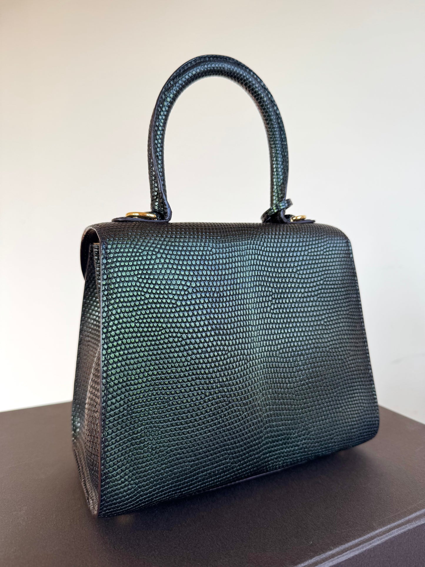 Pre-owned Delvaux Brillant Mini Metallic Dark Green Lizard Bag