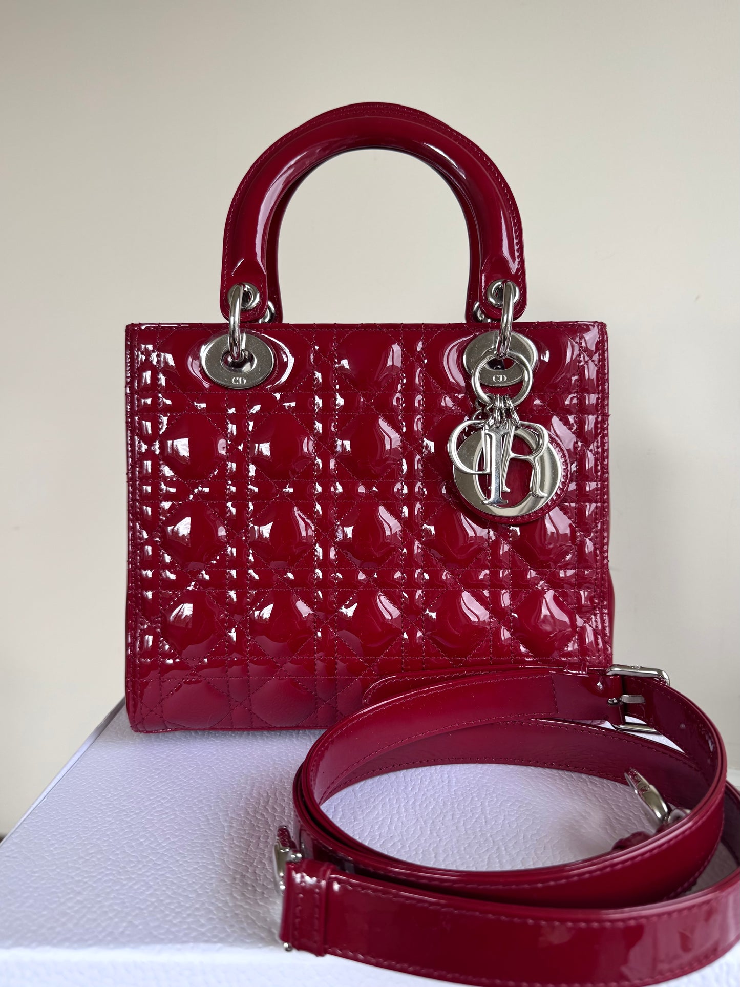 Pre-owned Dior Lady Dior Medium Burgundy Patent Leather Bag