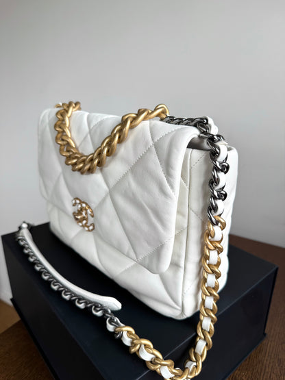 Pre-owned Chanel 19 Large White Lambskin Flap Bag