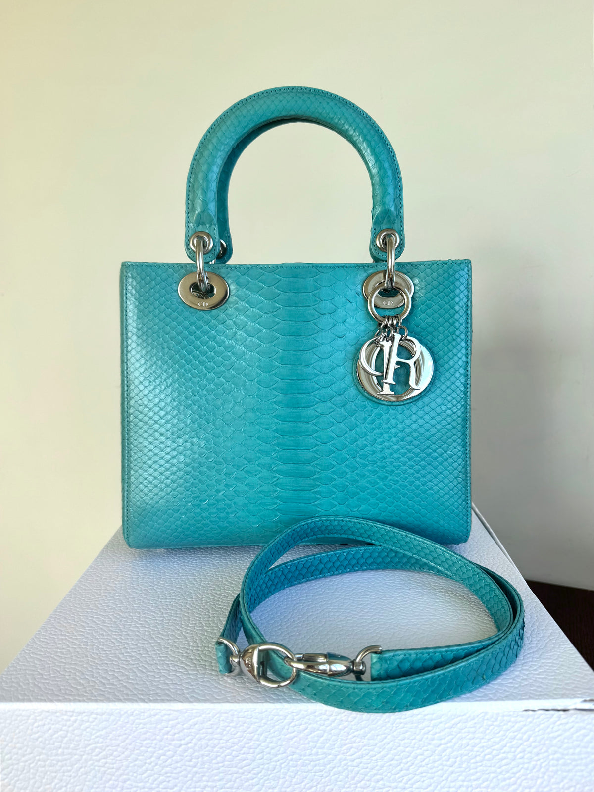 Pre-owned Dior Lady Dior Medium Tiffany Blue Python Bag
