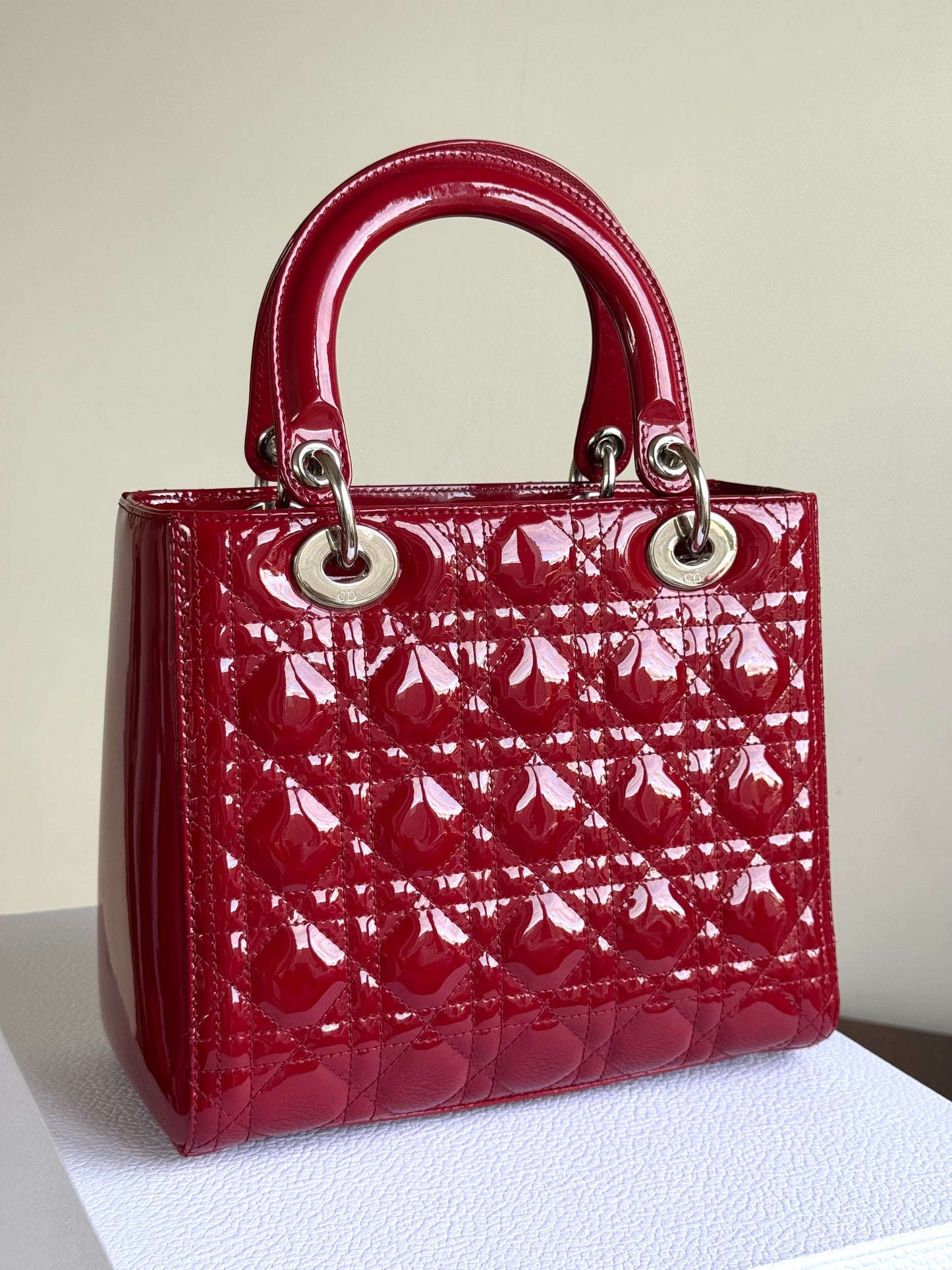 Pre-owned Dior Lady Dior Medium Burgundy Patent Leather Bag