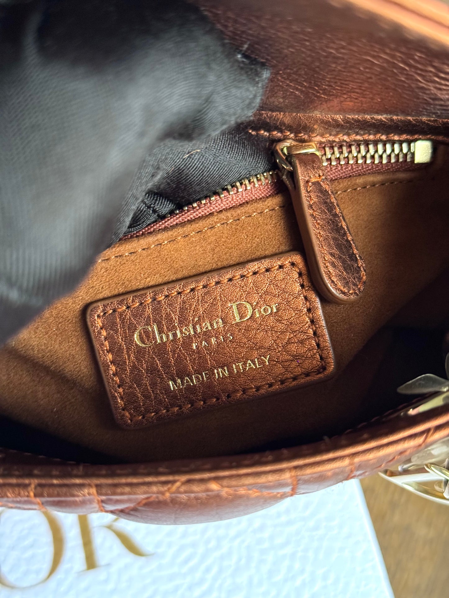 Pre-owned Dior Lady Dior Mini Bronze Lambskin Cannage Bag