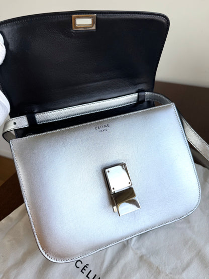 Pre-owned Céline Classic Box Medium Silver Leather Bag