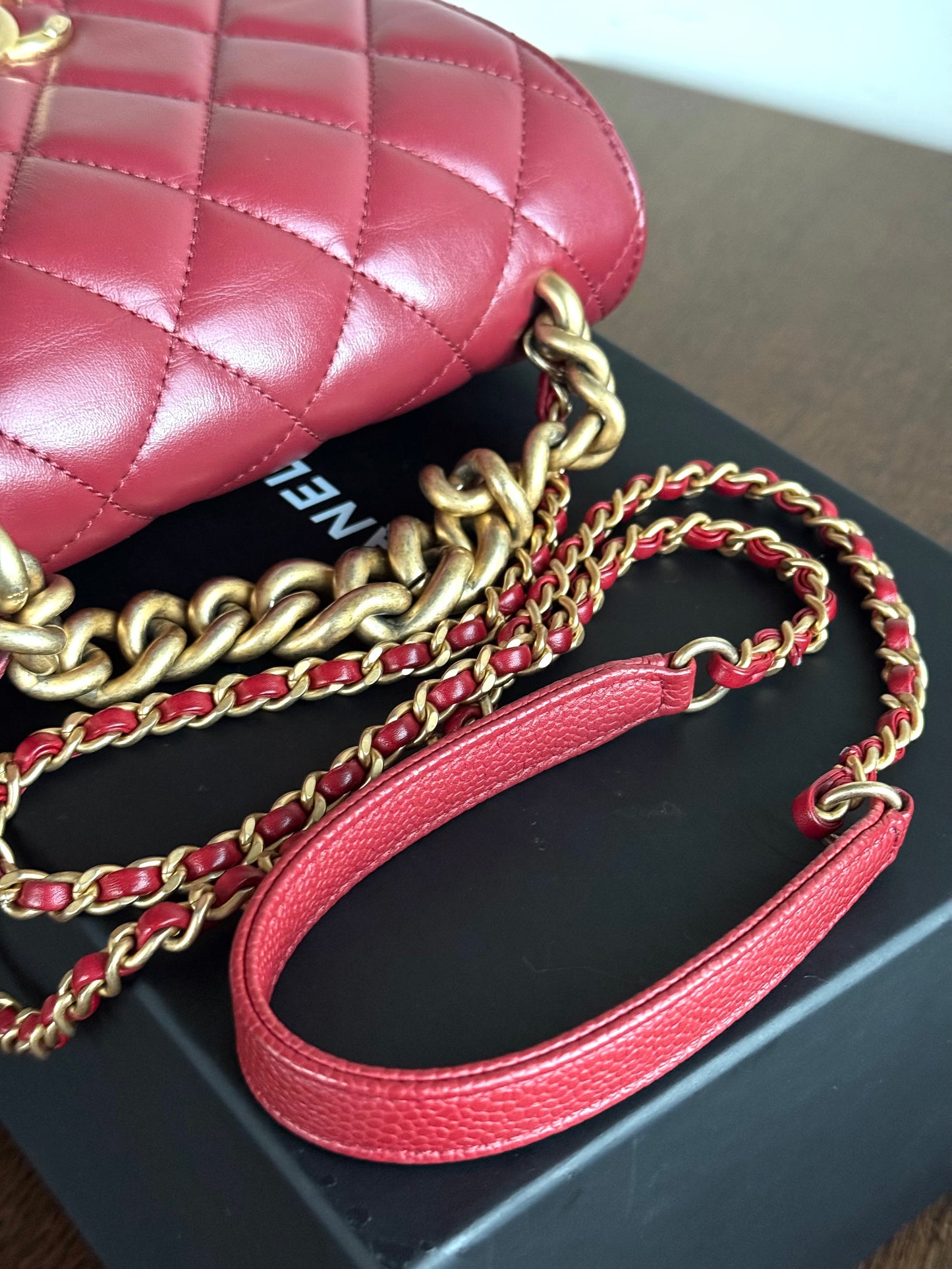 Pre-owned Chanel Top Chain Red Burgundy Caviar Flap Bag
