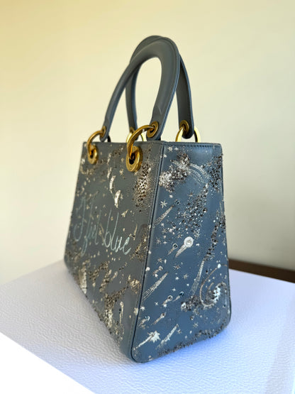 Pre-owned Dior Lady Dior Medium Grey Blue Embroidered Leather Bag