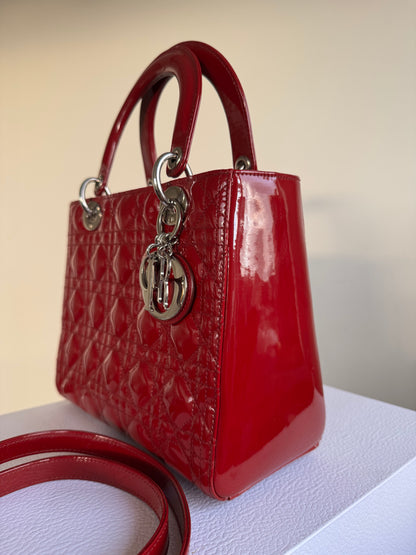 Pre-owned Dior Lady Dior Medium Burgundy Patent Leather Bag