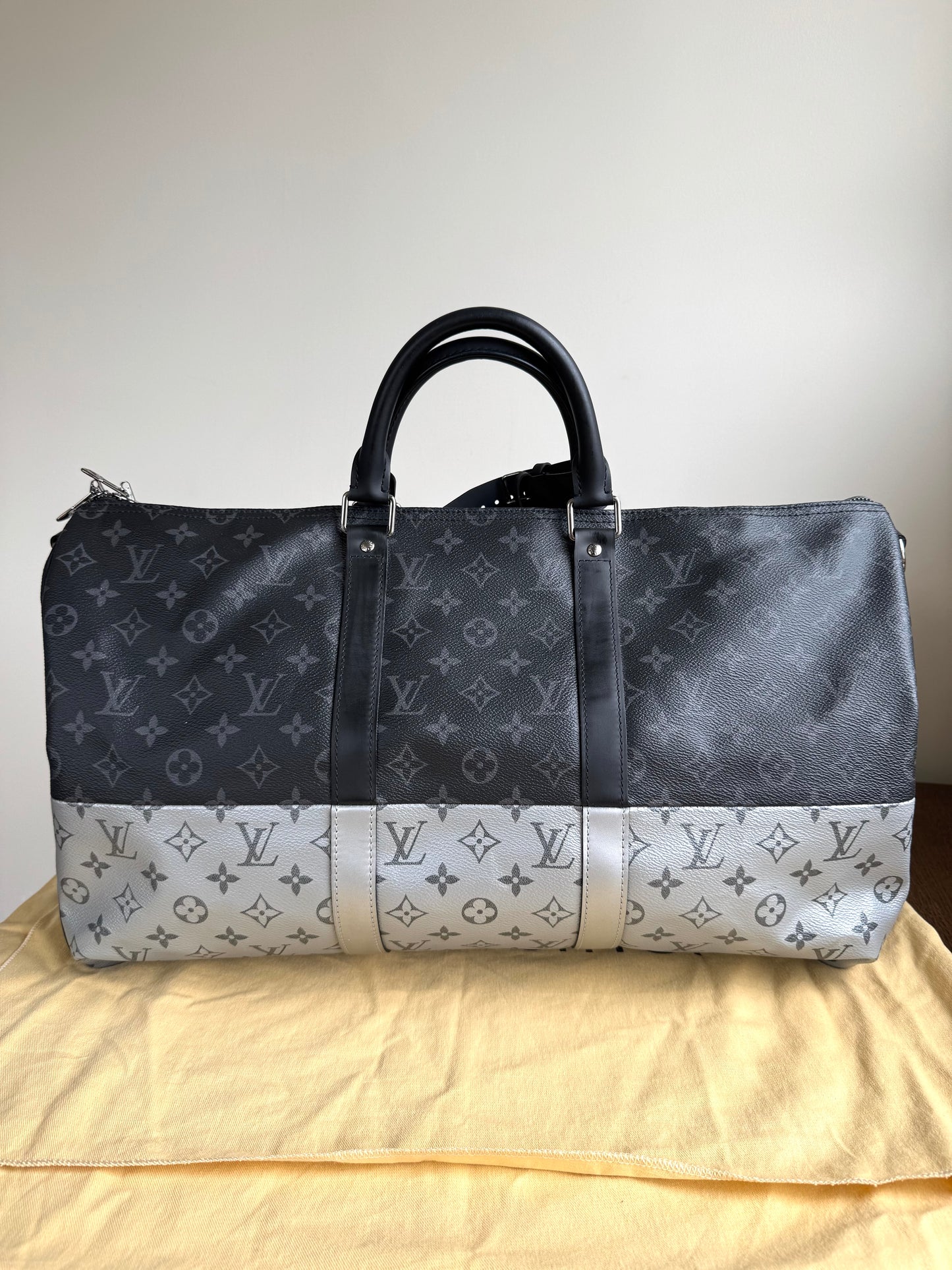 Pre-owned Louis Vuitton Keepall 50 Black Silver Eclipse Split Travel Bag