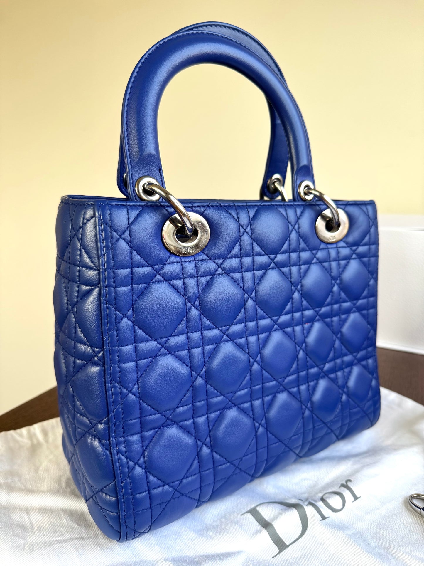 Pre-owned Dior Lady Dior Medium Blue Lambskin Bag