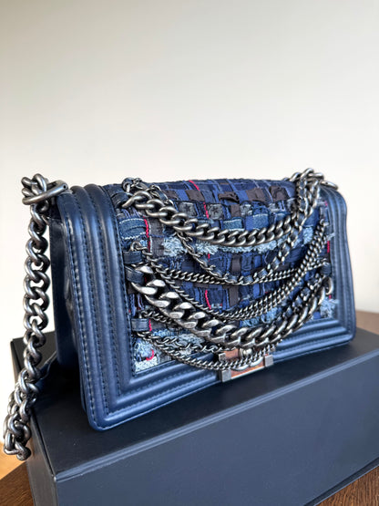 Pre-owned Chanel Boy Medium Blue Denim Tweed Leather Flap Bag