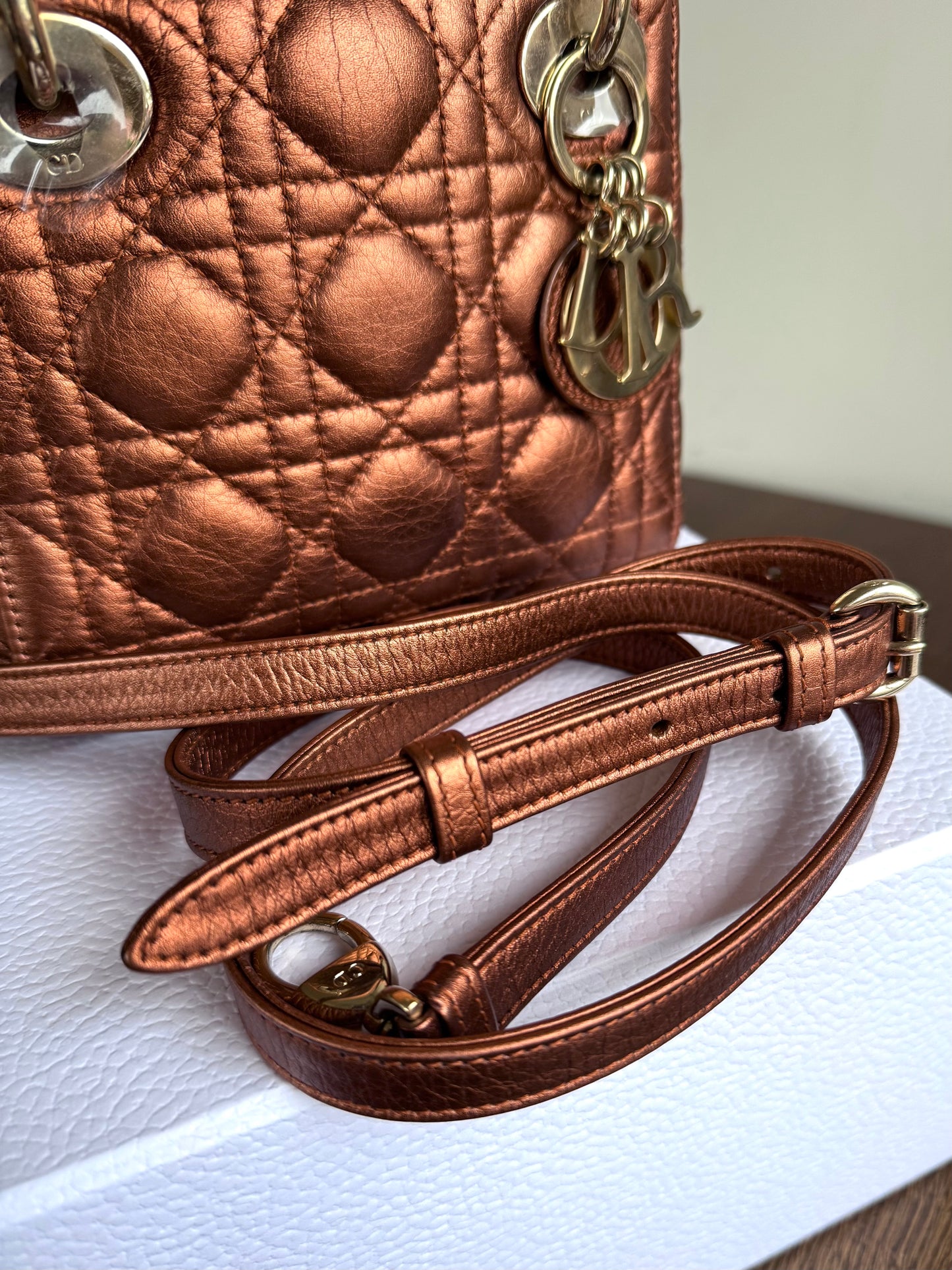 Pre-owned Dior Lady Dior Mini Bronze Lambskin Cannage Bag