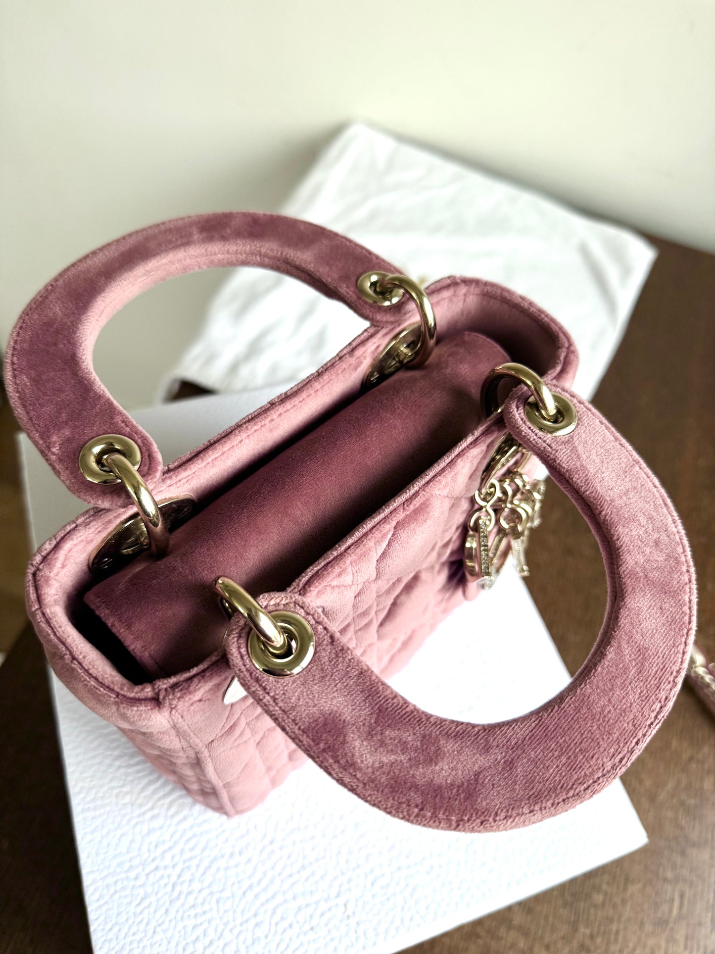 Pre-owned Dior Lady Dior Mini Crystal Dusty Rose Velvet Bag Limited Edition