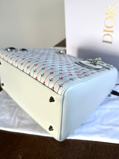 Pre-owned Dior Lady Dior Medium Baby Blue Embroidered Flower Calfskin Bag