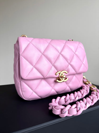 Pre-owned Chanel Matelasse Mini Pink Lambskin Lacquered Chain Flap Bag