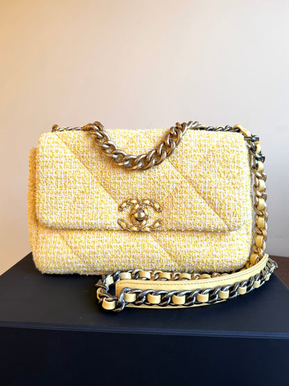 Pre-owned Chanel 19 Small Yellow Tweed Flap Bag