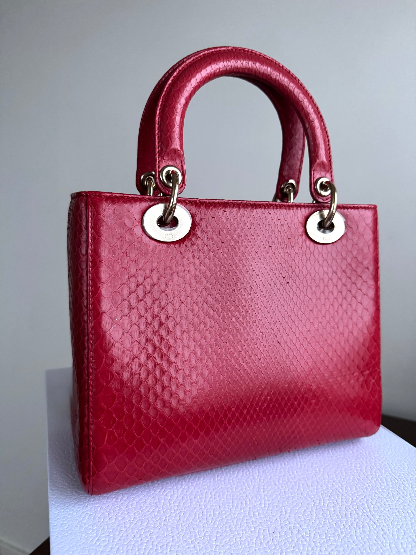 Pre-owned Dior Lady Dior Medium Red Python Bag