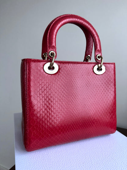 Pre-owned Dior Lady Dior Medium Red Python Bag