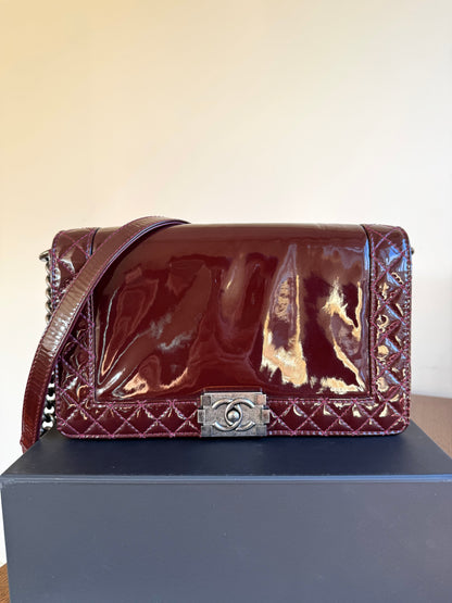 Pre-owned Chanel Boy Medium Burgundy Patent Leather Flap Bag