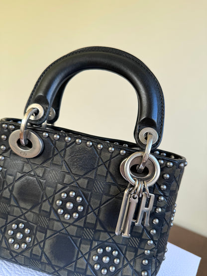 Pre-owned Dior Lady Dior Mini Studded Blacked Aged Calfskin Bag Limited Edition