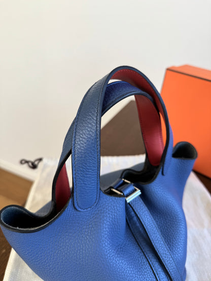 Pre-owned Hermès Picotin 18 Blue Brighton Capucine Clemence Bucket Bag