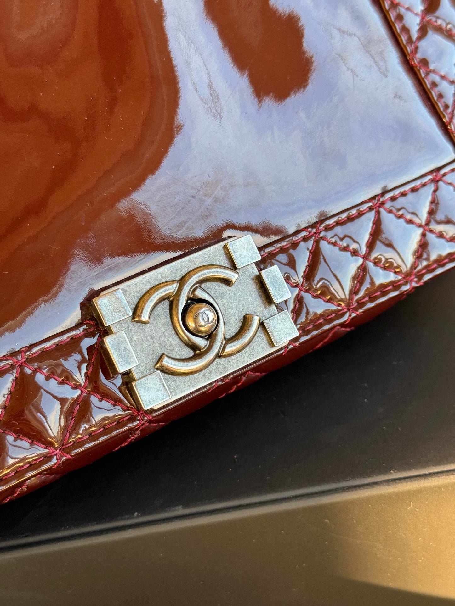 Pre-owned Chanel Boy Medium Burgundy Patent Leather Flap Bag