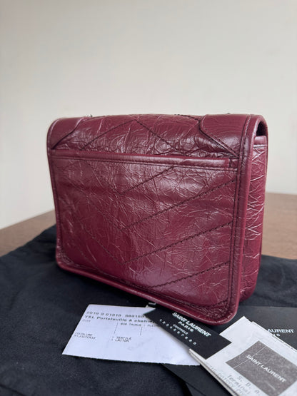 Pre-owned Saint Laurent Niki Mini Burgundy Leather Flap Bag