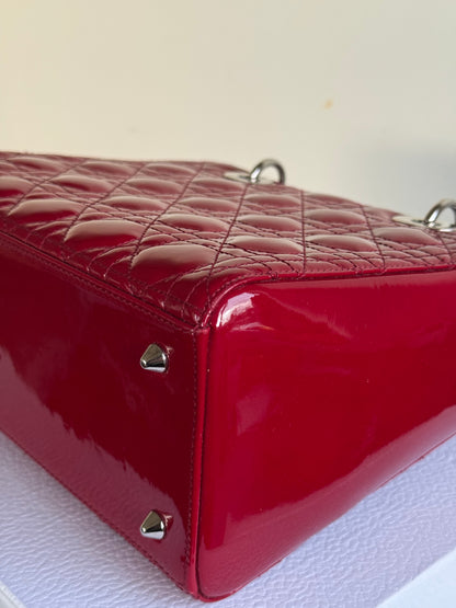 Pre-owned Dior Lady Dior Medium Burgundy Patent Leather Bag