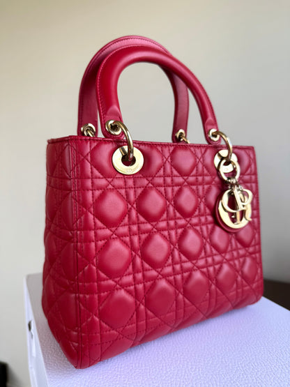 Pre-owned Dior Lady Dior Medium Red Lambskin Bag
