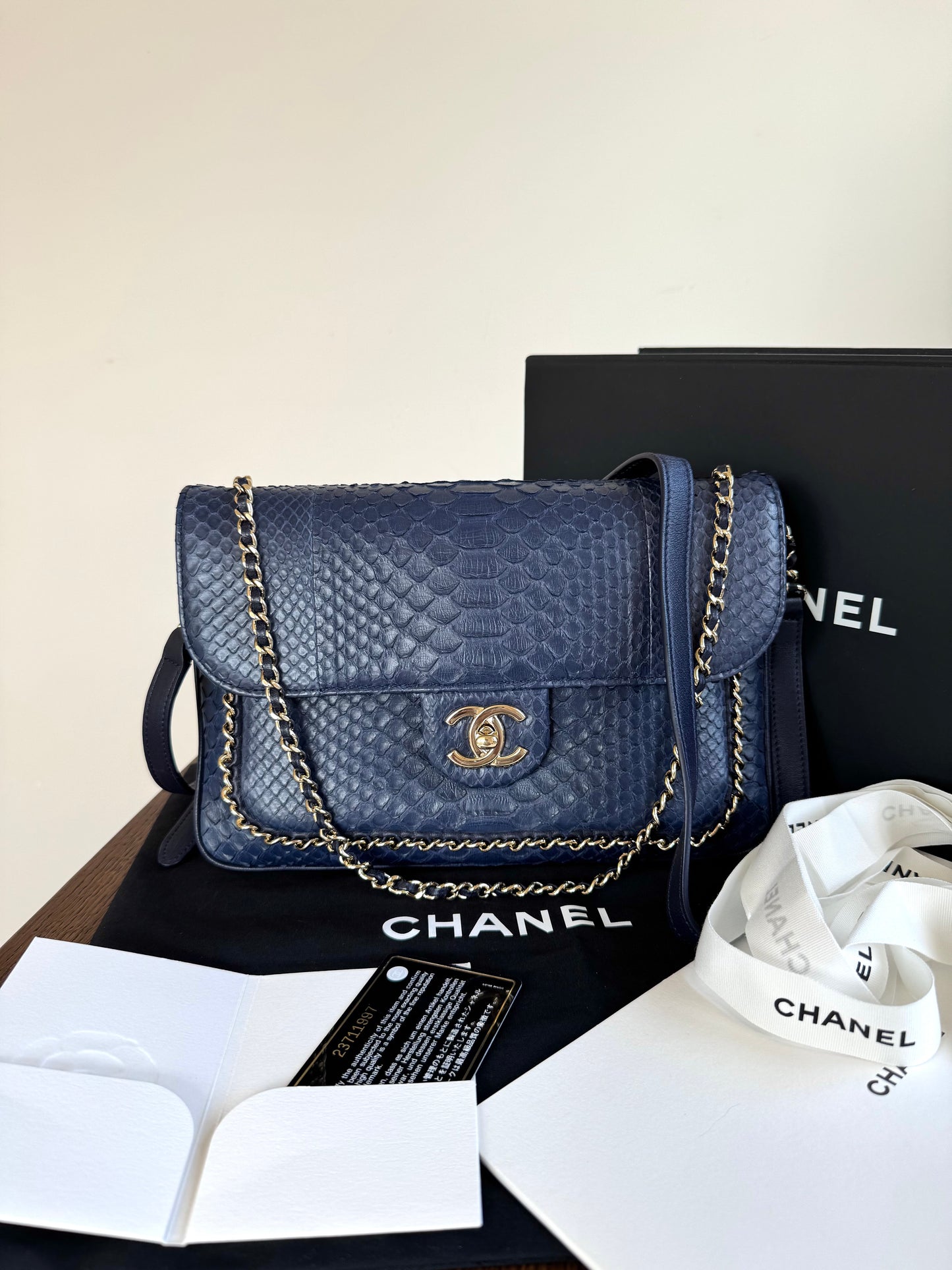 Pre-owned Chanel CC Chain Python Navy Flap Bag