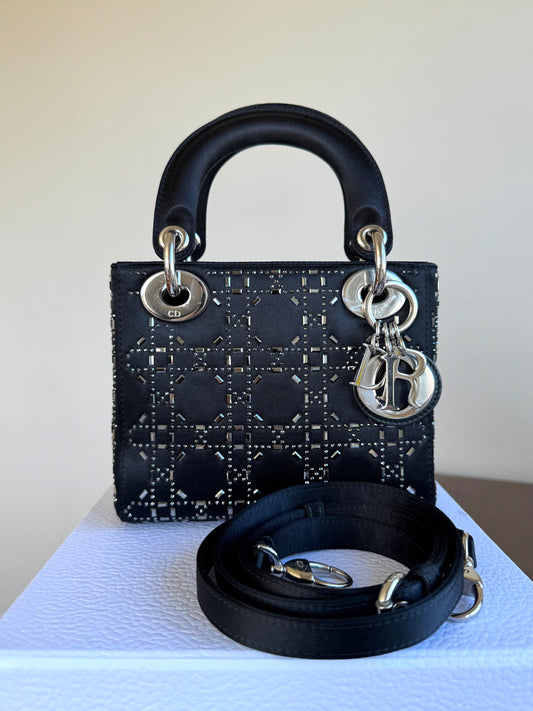 Pre-owned Dior Lady Dior Mini Black Satin Bag