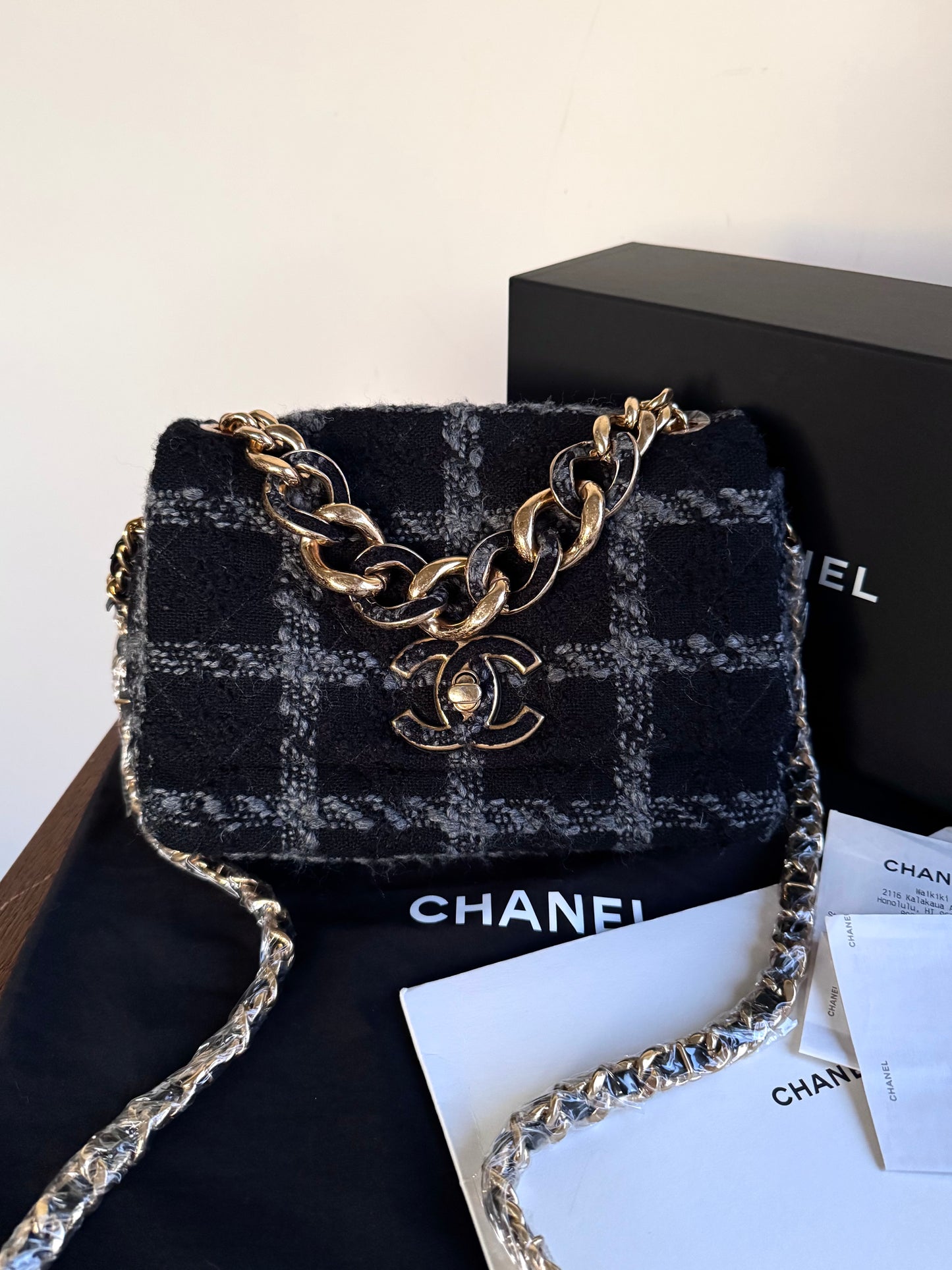 Pre-owned Chanel 19 Small Black Tweed Flap Bag