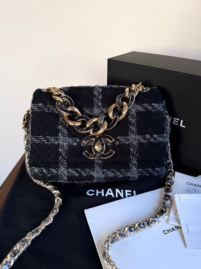Pre-owned Chanel 19 Small Black Tweed Flap Bag